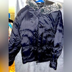 ANTIDOTE Faux Fur Hooded Large Black Puffer Zip Jacket EUC